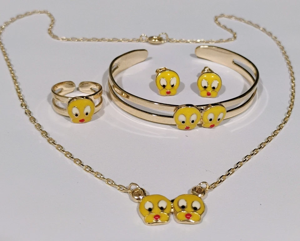 Juego de 4 piezas de collar, pulsera, pendientes y anillo de piolín para niñas rellenos de oro de 18k Foto 3 de 4