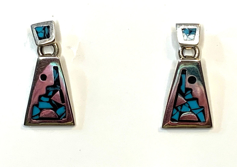925 Sterling Taxco TO-107 Turquoise & Onyx Inlay Earrings 1.25”