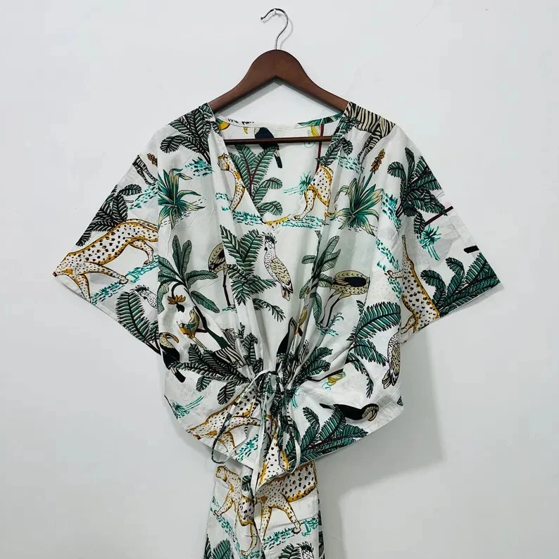 Indian White Floral Handmade Cotton Kaftan Maxi Dress Women's Clothing Gown US