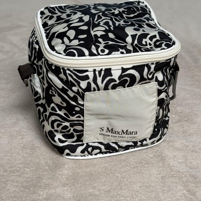 S MaxMara Cosmetic Makeup Bag Travel Case Black White Print Zipper Pockets
