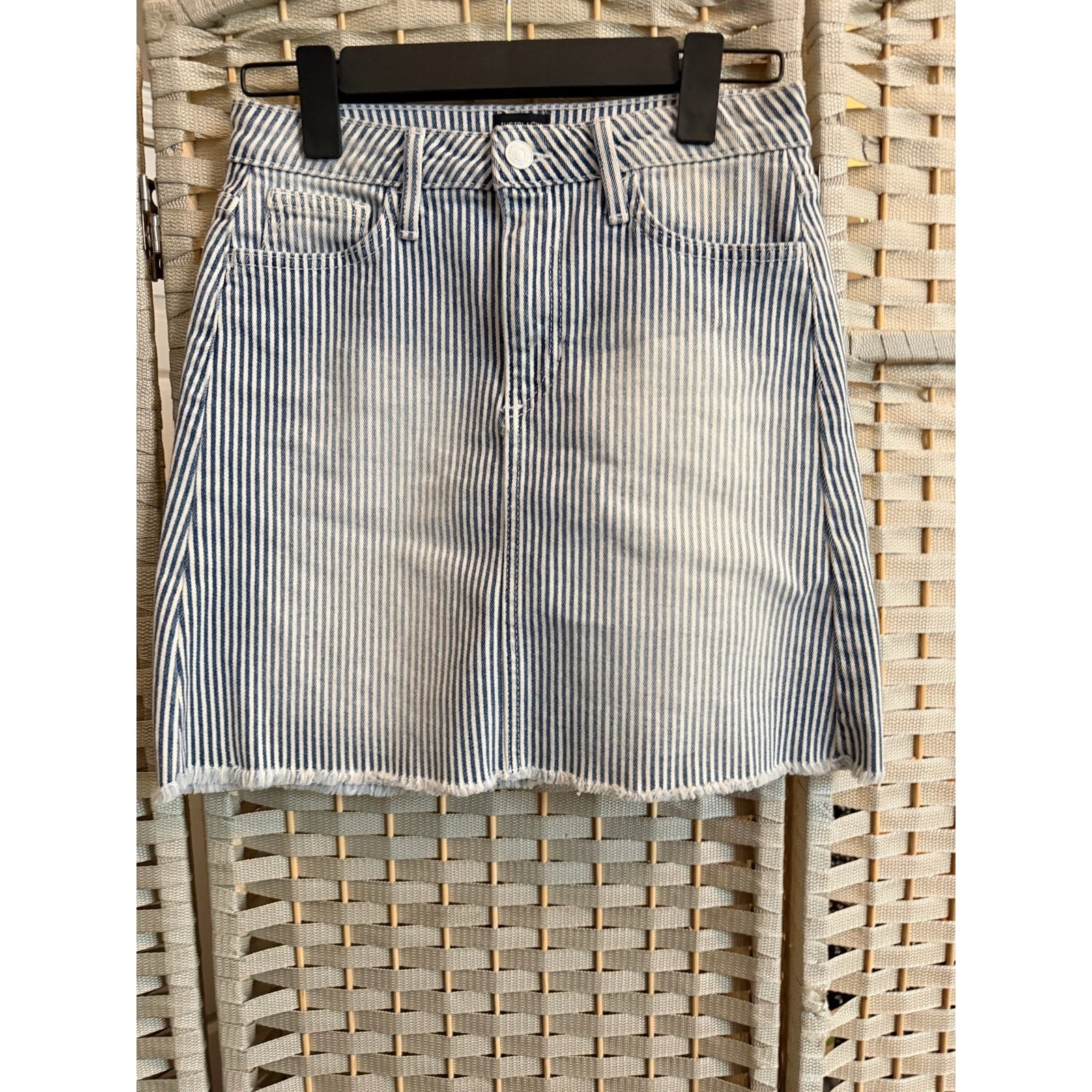 JustBlack Pinstripe Denim Mini Skirt XS White Blue Classic Frayed Hemline