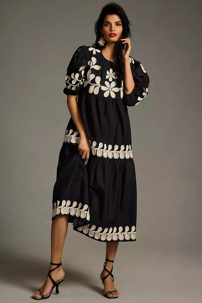 anthropologie black dress with white flower Pre-Loved Anthropologie 9-H15 StCL, Women's Floral Tie-Waist Dress, Black/Light  Taupe, Size XS  Elle & Beck