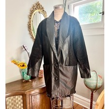 Vintage 1980s Leather Coat Black Embossed Detail Oversized Blazer Jacket- size M