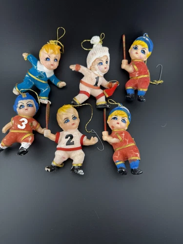 6 VTG SPORTS Flocked Christmas Ornaments Blow Mold  3.5”