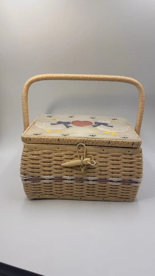 De colección Años 80 Rafia Paja Ganso Corazón Costura Cesta Tela Tapa Kitsch Casa Núcleo Foto 4 de 4