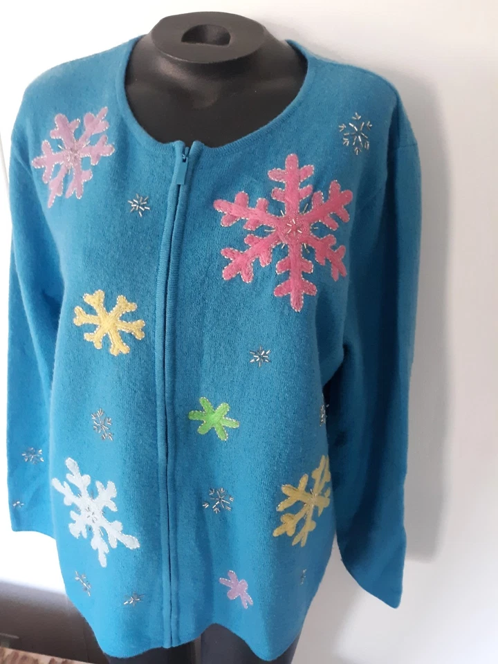 QUACKER FACTORY Vintage Turquoise Blue 100% Wool Zip Up Snowflake Sweater Sz L - Image 2 of 4