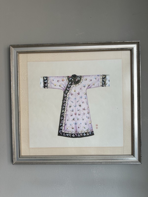 Chinese Emperor's Robe Watercolour on Paper Stamp Signed Silk Border Framed
