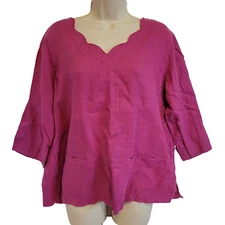 Kleen S Tunic Top 100% Linen Hot Pink ¾ Sleeve Lagenlook Coastal Scallop V-Neck