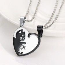 2pcs round / heart Yin Yang Cat necklace Set Couples Best Friend Puzzle