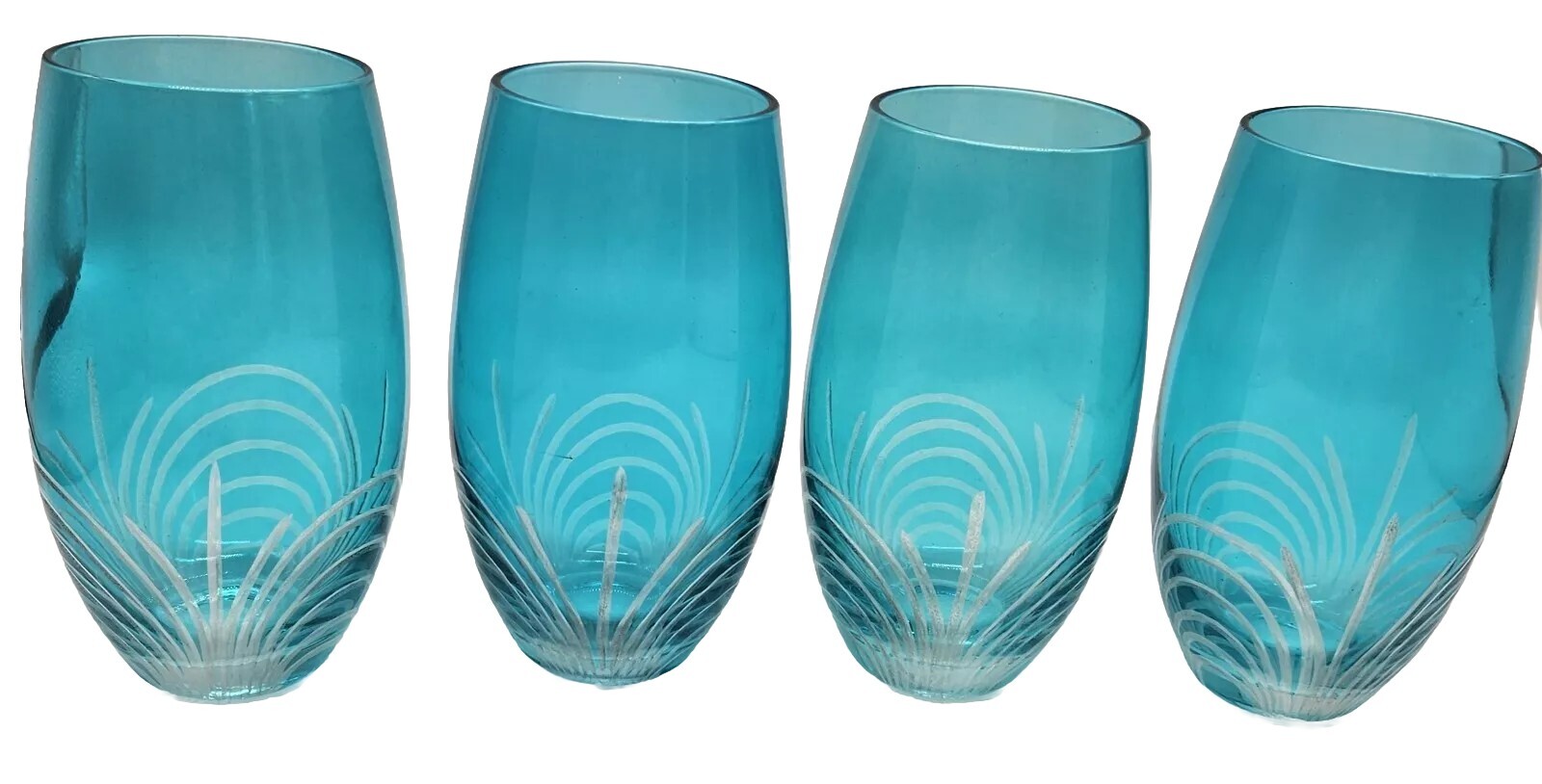 Set of 4 Vibrant Turquoise Blue Clear Cut Glass Large Drinking Glasses