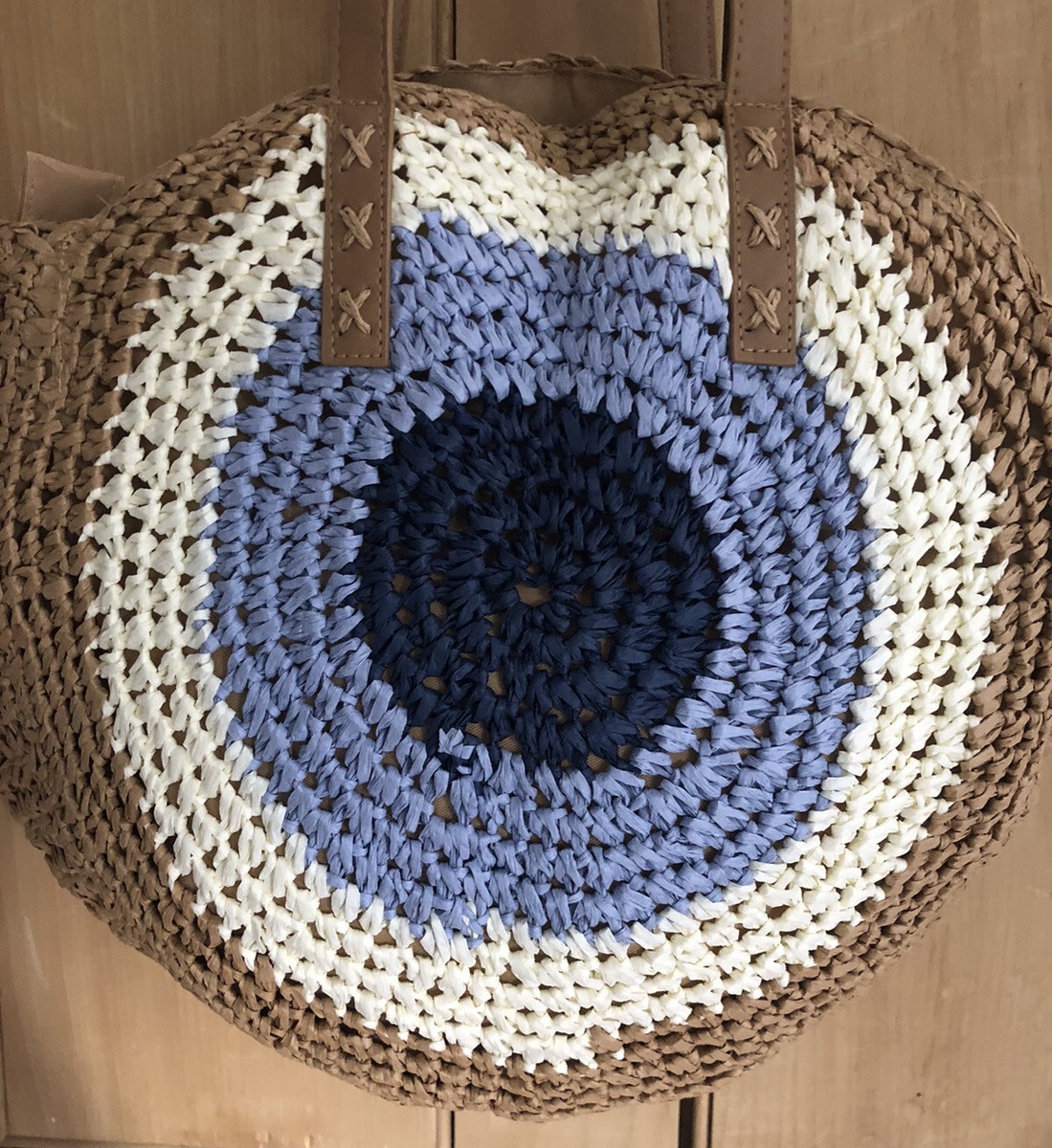 Round Straw Shoulder Bag With Faux Leather/Zip Close (Natural/Blue