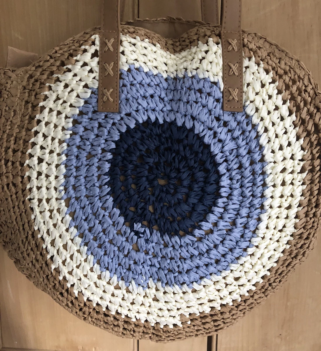 Round Straw Shoulder Bag With Faux Leather Zip Close Natural Blue Design Option