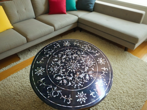 Black Marble Center Table with Mother of Pearl Inlay | Pietra Dura Floral Stone - Picture 6 of 15