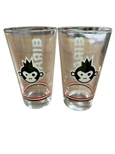BIRA 91 BEER CLEAR GLASSES (2) FUNKY HAIR PUNK ROCK MONKEY-DESIGN 5 3/4" TALL