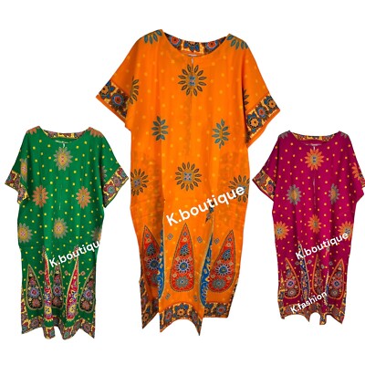 Neu langes Kaftan-Damenkleid aus 100 % BAUMWOLLE Sommer Paisley ethnischer Druck Einheitsgröße UK
