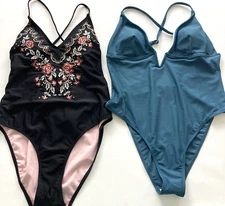 CUPSHE NWT & XHILARATION TWO Swimsuits Black Embroidered Teal Plunge Size L