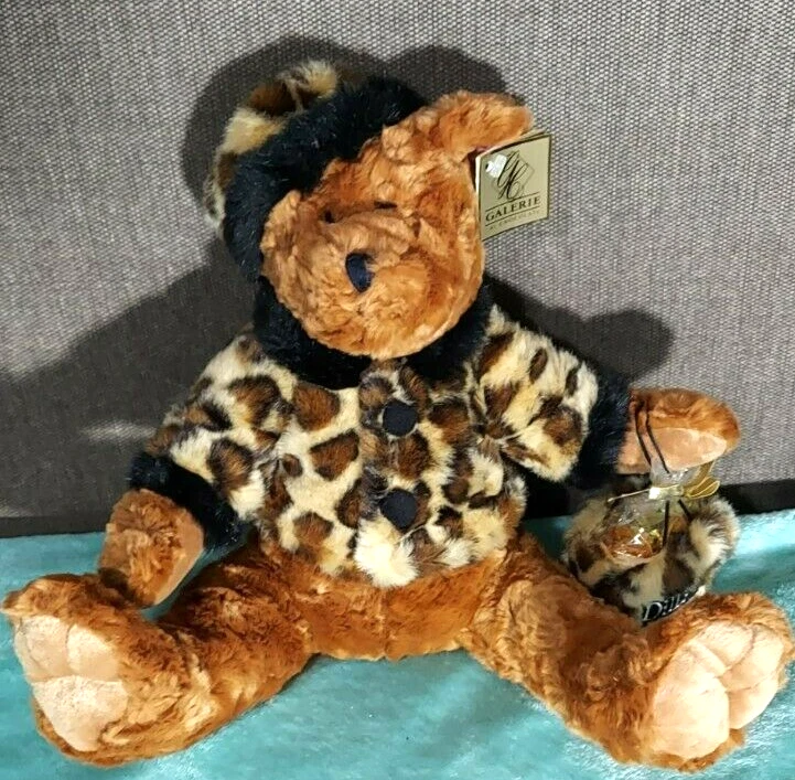 9 DILLARDS TEDDY BEAR PLUSH WITH LEOPARD FUR COAT PURSE HAT STUFFED ANIMAL  TOY