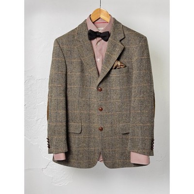 Harris Tweed x Mario Barutti Light Brown Wool Windowpane Men's Blazer 38R EU 48