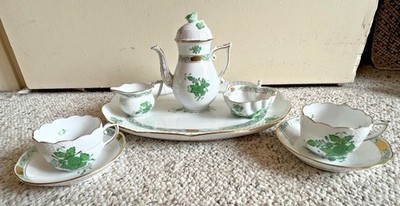 Herend Hungary Hand-Painted ''Apponyi'' Green Bouquet  Tea/Coffee Set w/Platter