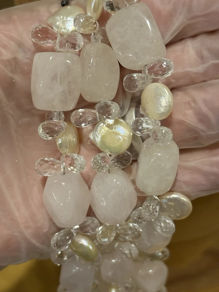 Fancy Rose Quartz Pearl Chunky Gemstone Statement Necklace - Image 4 of 4