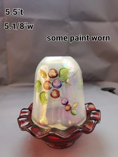 Fenton Iridized Opalescent Frostberries Fairy Lamp Ruby Red Base Handpainted