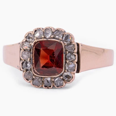 Gr. 51 - Art déco Entourage Rotgold 585/14K Damenring mit Granat & Diamantrosen - Bild 1 von 4