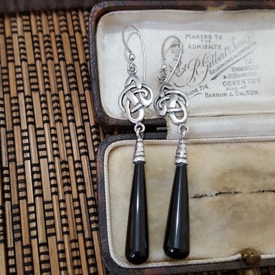 Vintage 925 Sterling Silver Earrings, Celtic Black Onyx Earrings, Kit Heath 1993