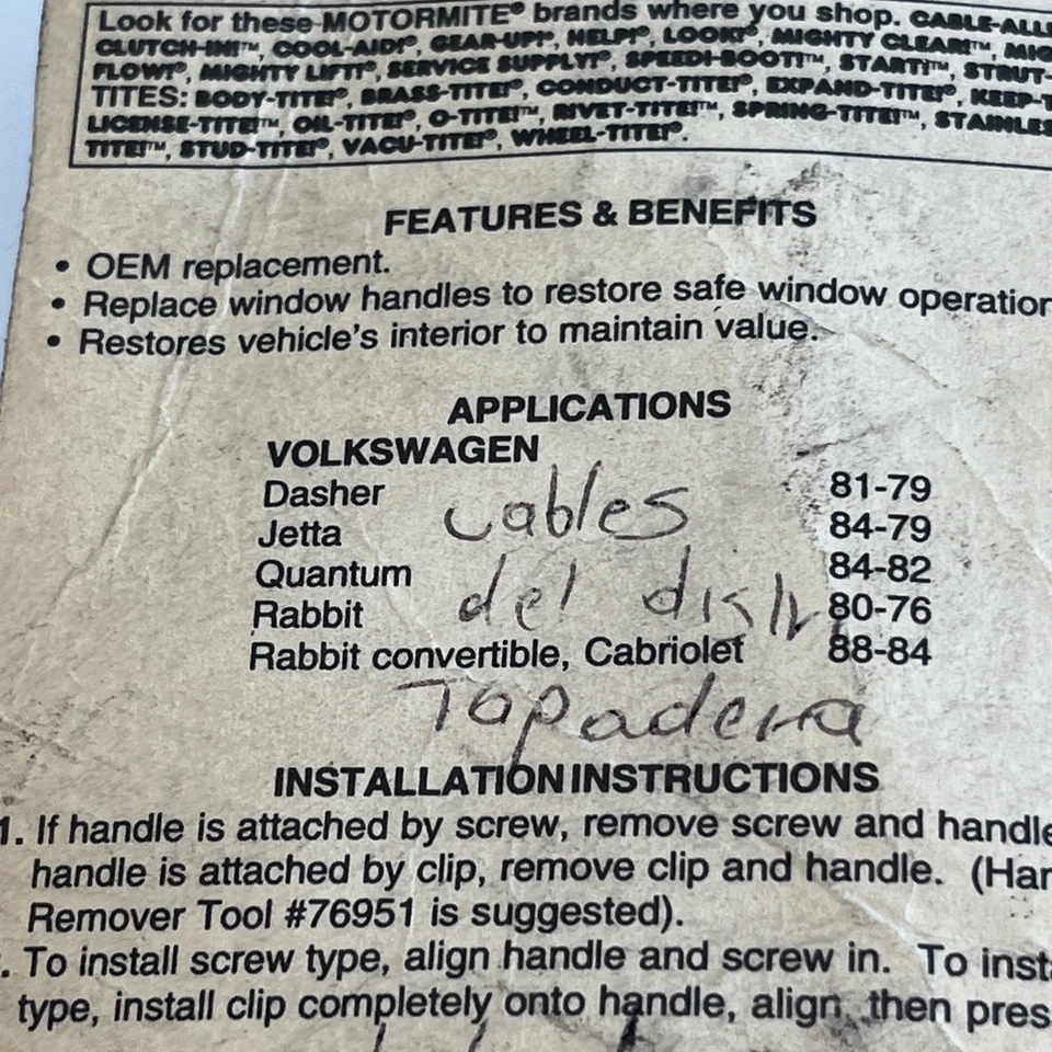 Motormite Window Crank Handle Fits VW Beetle Bus Vanagon Rabbit 1968-1991 Black - Image 4 of 4