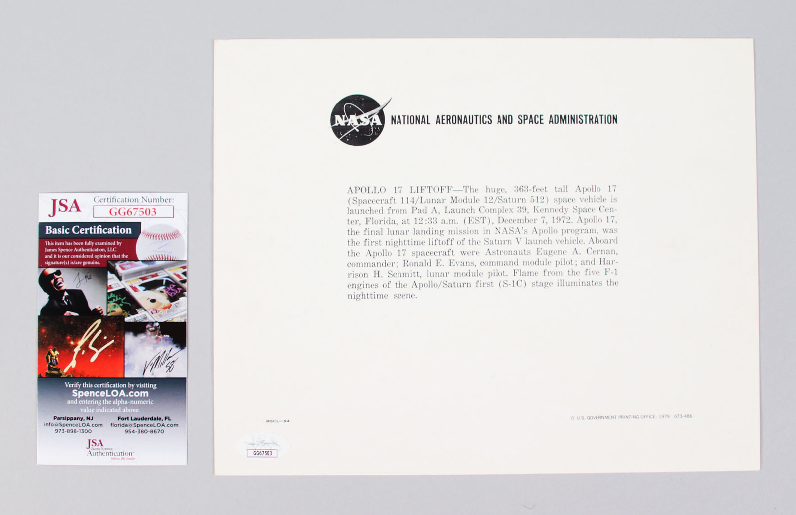 Eugene Cernan Signed Photo Apollo 17 - COA JSA