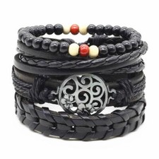 SET OF 4 BRACELETS 4pcs Braclet Black Wood Bead Leather Braided Adjustable Cord