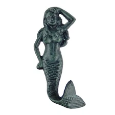Cast Iron Mermaid Nautical Wall Decor Hook Towel Coat Hanger Verdigris Green