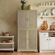 Rattan Pantry Cabinet Kitchen Storage Cabinets with Drawer Door Shelves 72" Tall