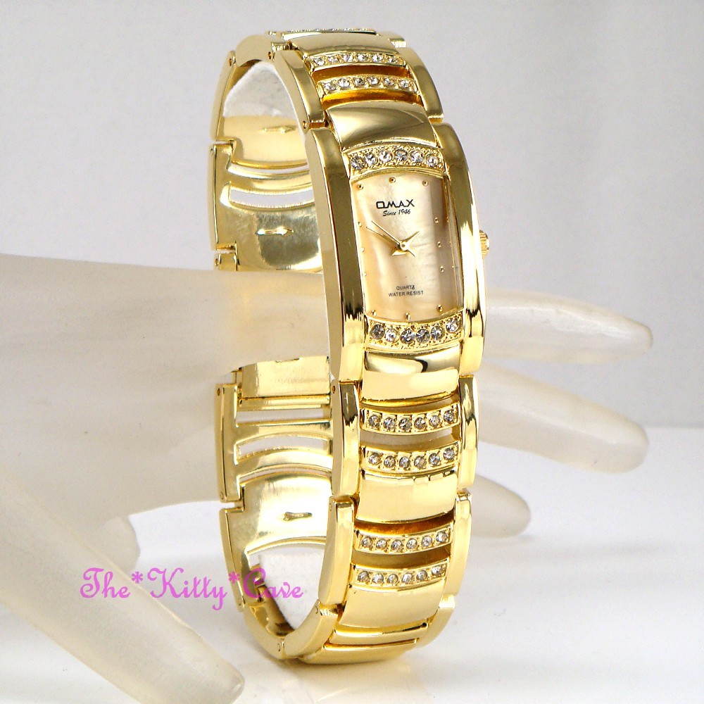 OMAX Seiko Movt Gold Pltd Champagne MOP Dress Watch w/ Swarovski Crystals JES610