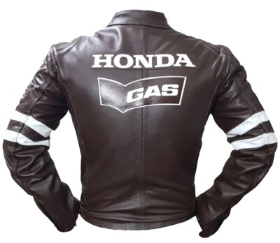 Honda Brown Motorbike Leather Jacket In Pure CowHide/ 5 Ce