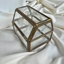 Vintage Etched Floral Glass Brass Tone Footed Estate Jewelry Trinket Box