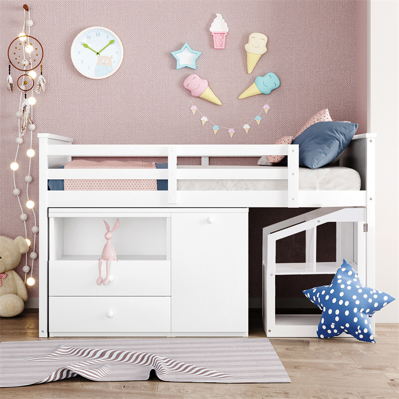 Loft Bed Low Study Twin Size Loft Bed W/Storage Steps and Portable Desk White