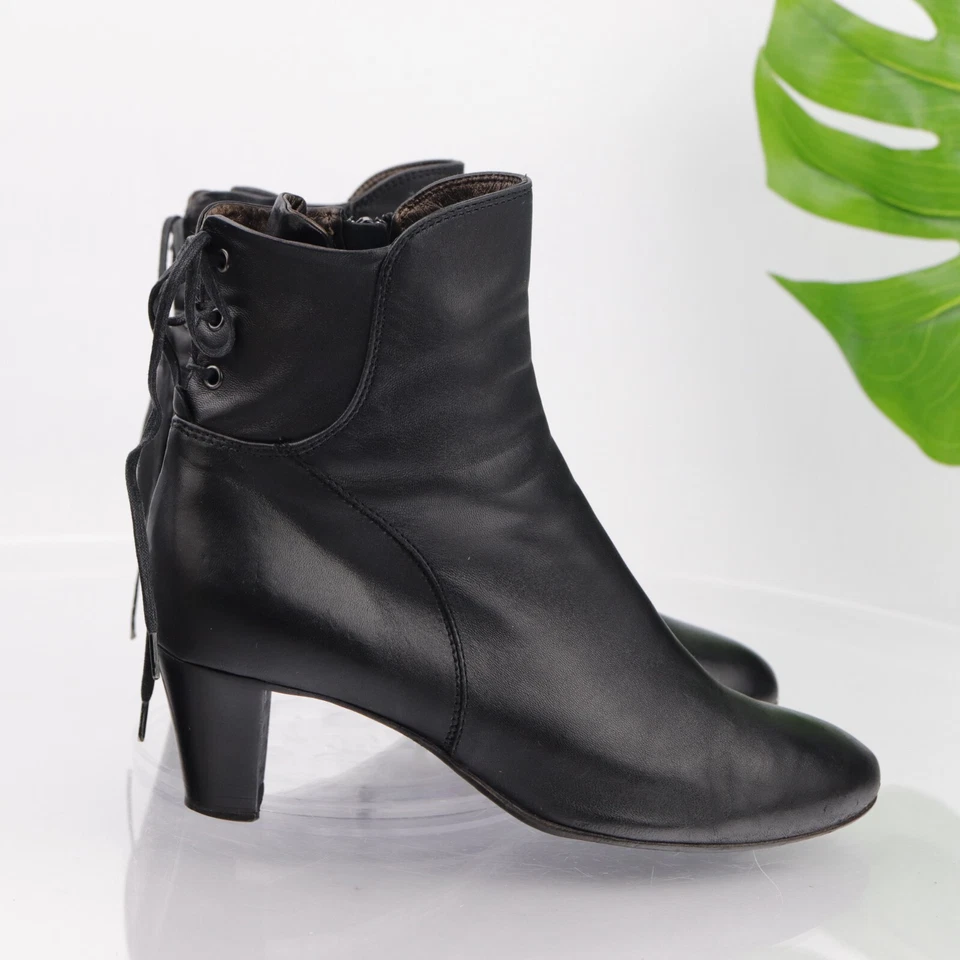 Bota AGL Italia Para Mujer Talla 37 7 Cuero Negro Tacón Bloque Botín Atado Espalda Cómoda Foto 3 de 4
