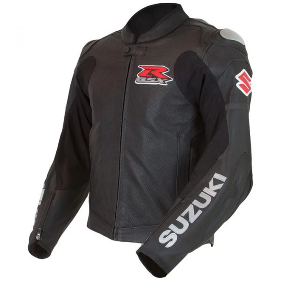 Chaqueta de cuero negra para hombre Suzuki GSXR moto carreras Foto 3 de 4