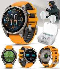 Garmin fenix 8 47 mm Sapphire Titanium  Smartwatch Spark Orange w/ White EarBuds
