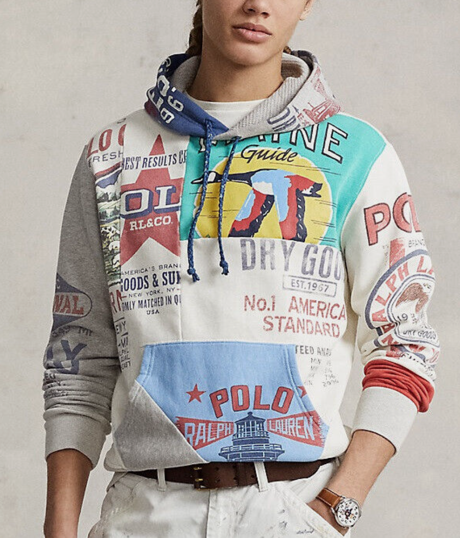 $298 NWT Men's Polo Ralph Lauren Patchwork Fleece Graphic Hoodie