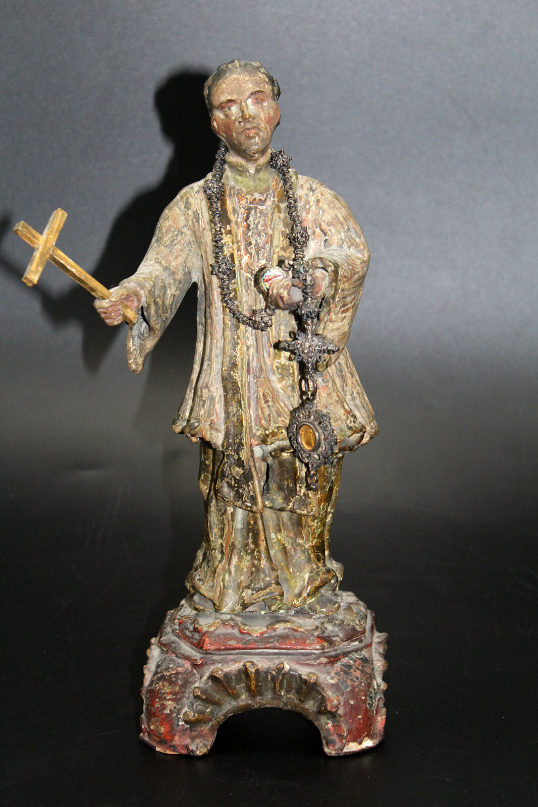 Skulptur Heiliger Nepomuk, Holz mit Rosenkranz Silber filigran um 1800- 1850