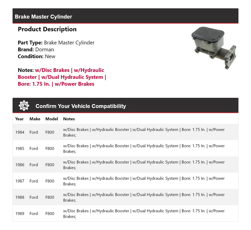 Cilindro maestro de freno para Ford F800 Dorman 1984-1989 1985 1986 1987 1988 Foto 2 de 4