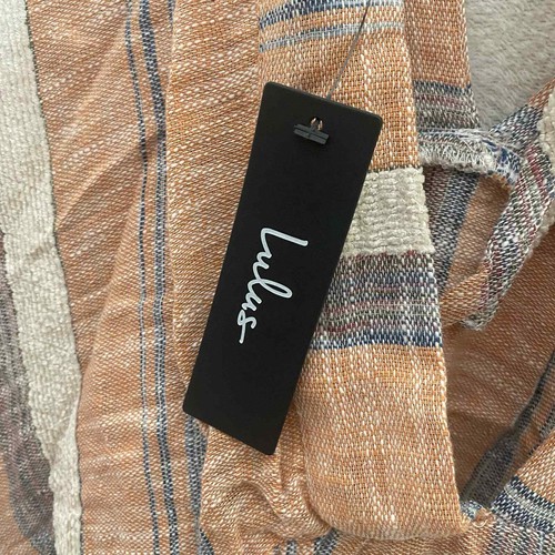 Lulus Striped Woven V-Neck Tiered Beach Linen Mini Dress Flutter Sleeves Medium - Picture 11 of 13