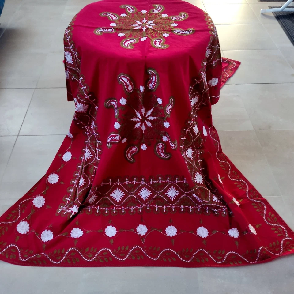 nappe  coton brodée fil de soie du Moyen Orient AGHABANI rouge + 12 serviettes - Photo 4/4