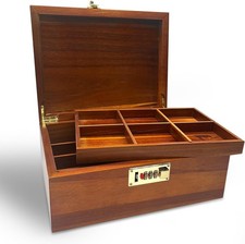 Large Acacia Wooden Storage Box with Hinged Lid and Combination Lock Decorative