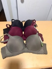 Lot of 3 Women s 34C Underwired Padded T-Shirt Bras Solid Gray/Burgundy/Black