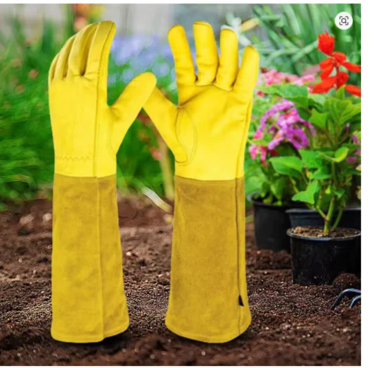 Guantes largos de jardín de cuero a prueba de espinas con guantelete de protección para antebrazo Foto 3 de 4