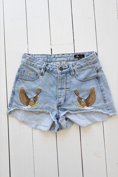 Thrills cut-off blue denim shorts with eagle embroidery | 28"