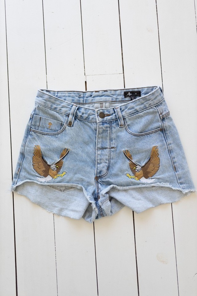 Thrills cut-off blue denim shorts with eagle embroidery | 28"