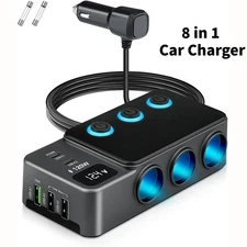 12V 3 Way Car Cigarette Lighter Socket Splitter USB Fast Charger Power Adapter